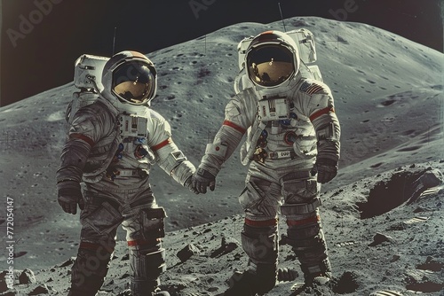 Two astronauts holding hands on the moon.