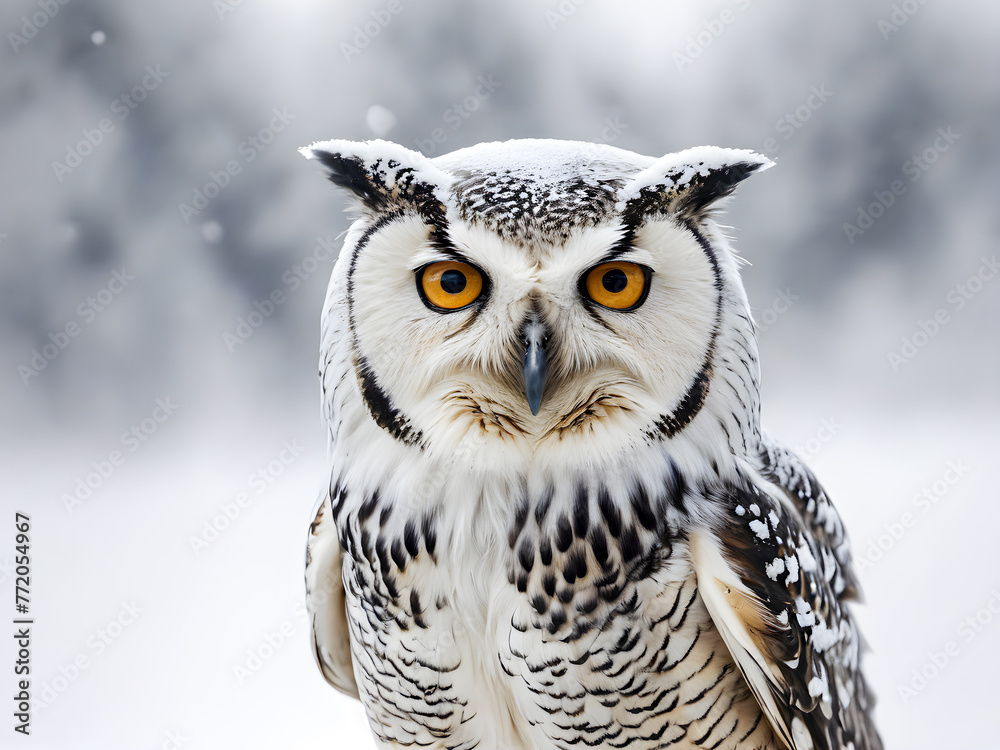 Portrait of a beautiful owl in the winter forest. Snow background Portrait of a beautiful owl in the winter forest. Snow background