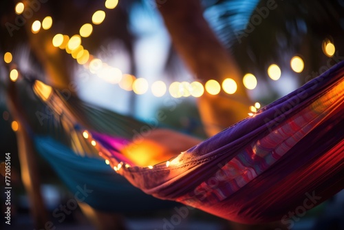 Camping Hammock Swaying: Close-up of a camping hammock gently swaying. photo