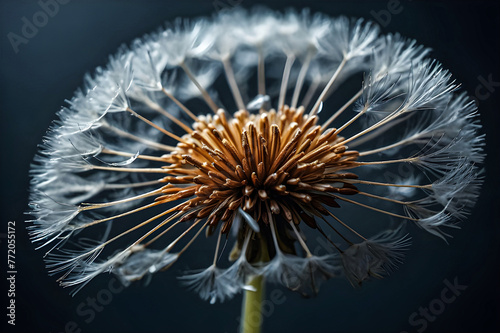 A monochromatic close-up of a dandelion seed, highlighting its intricate texture and form in exquisite detail 
