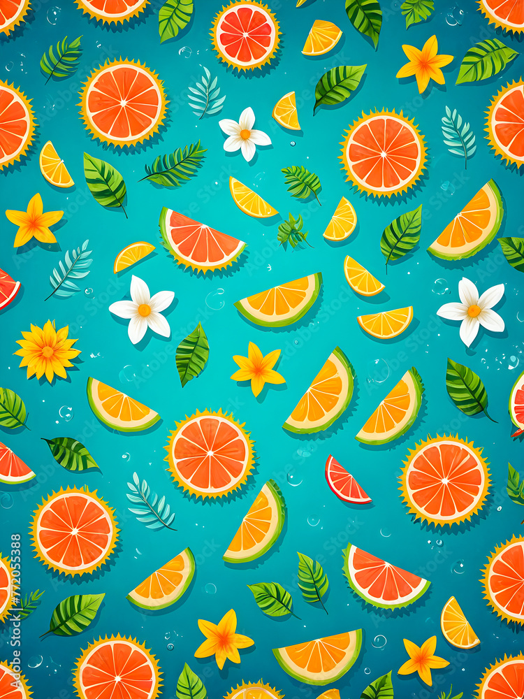 Seamless pattern with citrus fruits and flowers. Vector illustration.