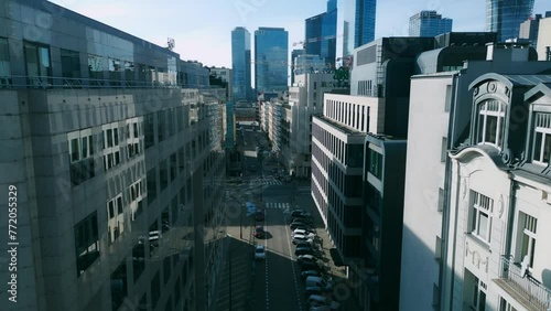 City. Buildings. Residential neighborhood. Multistory buildings. Houses. Business center. Skyscrapers. Warsaw. Poland. Dormitory district. Glass buildings. House made of glass. Panoramic houses. High
