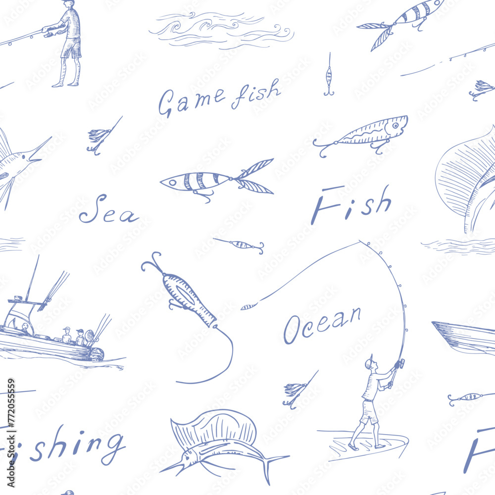 Fototapeta premium Fisherman in the ocean and fish on boat and fish is jumping. Vector black sketch image.