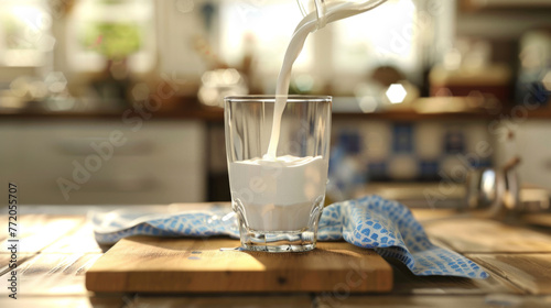 A glass is being filled with milk  overflowing onto a wooden board.