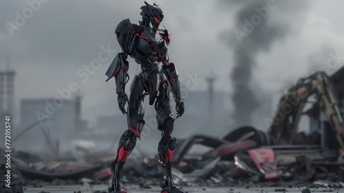 Stoic robot surveying a war-torn cityscape - An imposing robot stands in a desolate urban war zone  its cool demeanor in stark contrast to the smoldering ruins around it