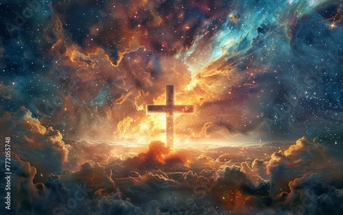 Sunset hues behind a vibrant cosmic cross - A cross stands out with sunset hues and cosmic energy in a stunning celestial scene