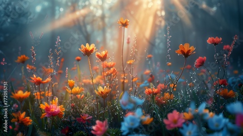 Sunlit colorful wildflowers in misty forest - A mesmerizing shot captures wildflowers bathed in sunlight piercing through a hazy, misty forest scene, creating an enchanting atmosphere
