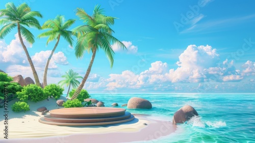 Tropical paradise with a serene beachfront - An idyllic beach scene with crystal clear water, a circular wooden pier, and fresh green palm trees under a sunny blue sky