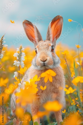 Rabbit standing amidst yellow blooms - A charming rabbit stands amidst a sea of yellow blooms against a dreamy sky backdrop