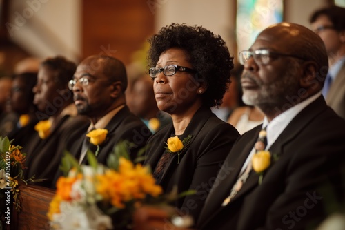 Men and women in mourning back suits sitting in the row on the bench in church at a funeral