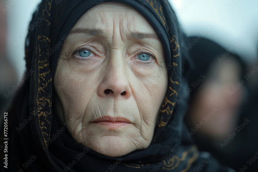 Portrait of a sad crying Caucasian woman at a funeral ceremony in church Portrait of a sad crying Caucasian woman at a funeral ceremony in church