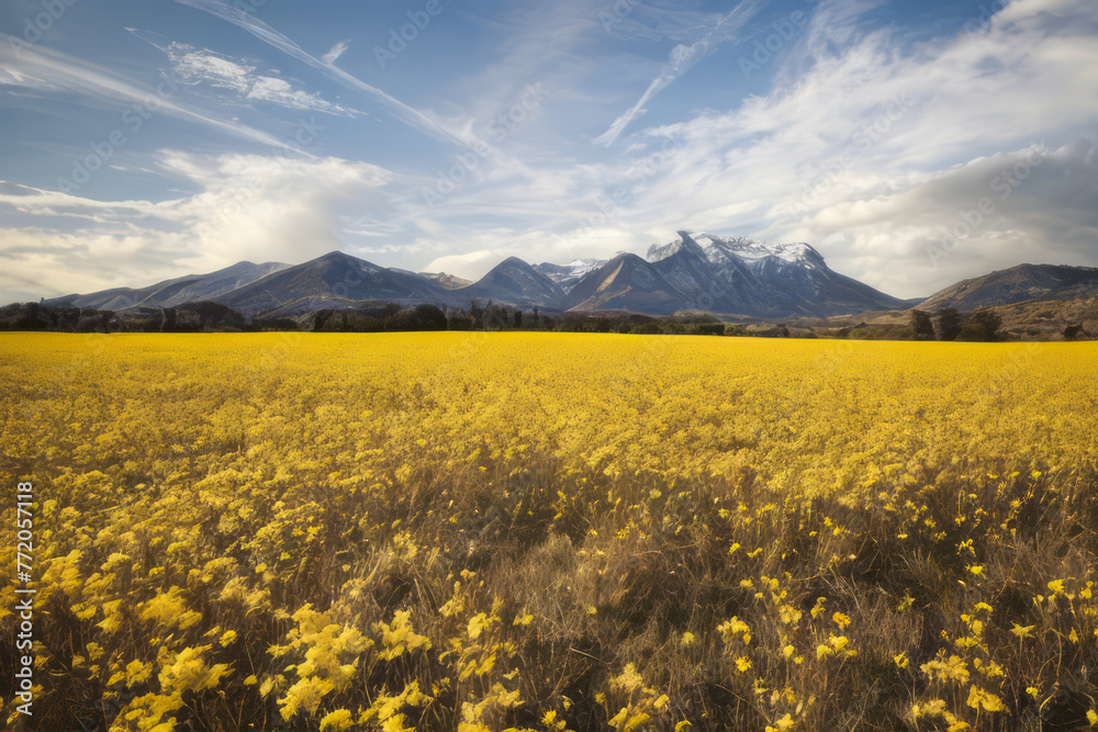 A vast meadow filled with vibrant yellow flowers stretches under a clear blue sky