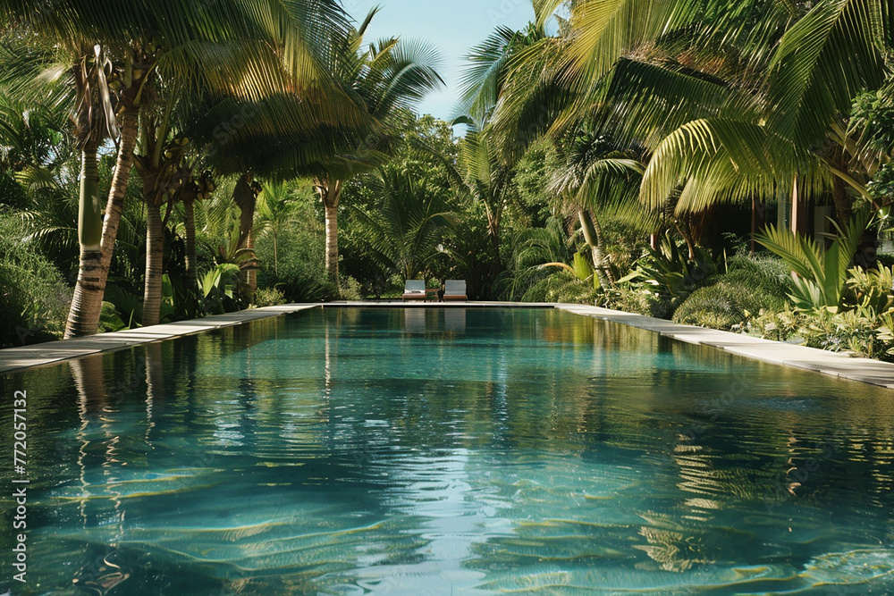Inviting pool surrounded by palm trees, inviting a refreshing dip on a hot day.