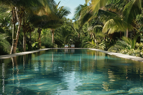 Inviting pool surrounded by palm trees, inviting a refreshing dip on a hot day.