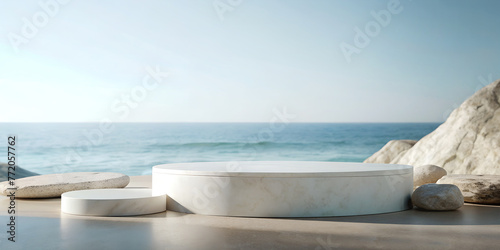 3D circular podium geometric shapes. Promotional ideas for exhibiting products on the beach and sea natural in minimal style. banner, copy space, website, 3d rendering photo