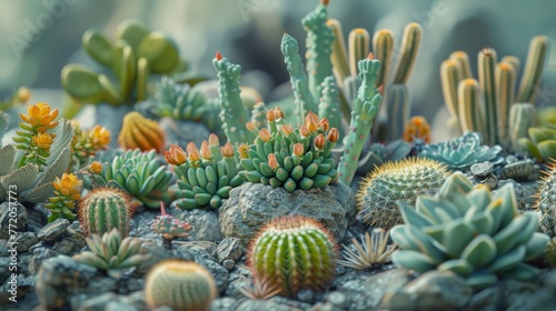 Arid Garden Delight: Immersing in the Natural Splendor of Desert Cacti amidst a Floral Desertscape, Witnessing the Harmonious Dance of Life Amidst the Scorching Sun and Breathtaking Scenery