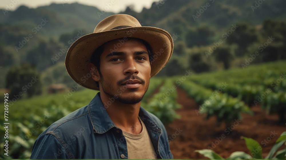 Portrait of young brazil coffee farmer on crops farm land field landscape background, work natural agriculture business concept from Generative AI