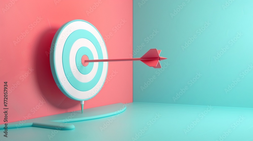 A 3D arrow piercing through a target, symbolizing precision, achievement, and breaking through goals, on a contrasting pastel background for clarity. A 3D arrow piercing through a target, symbolizing precision, achievement, and breaking through goals, on a contrasting pastel background for clarity.