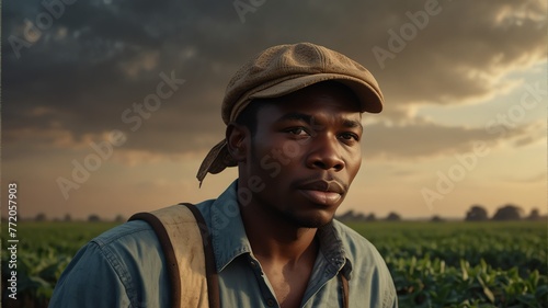 Portrait of young black african soybean farmer on crops farm land field landscape background, work natural agriculture business concept from Generative AI