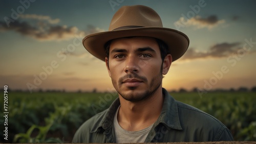 Portrait of young brazil soybean farmer on crops farm land field landscape background, work natural agriculture business concept from Generative AI