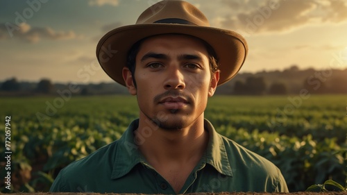 Portrait of young brazil soybean farmer on crops farm land field landscape background, work natural agriculture business concept from Generative AI