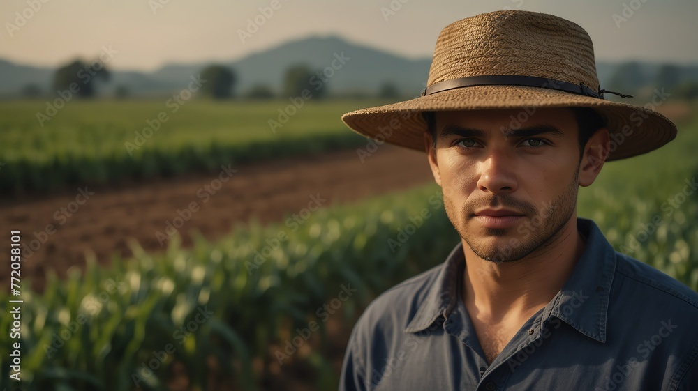 Portrait of young corn farmer on crops farm land field landscape background, work natural agriculture business concept from Generative AI