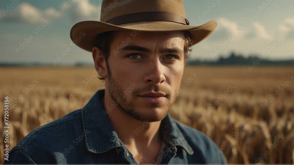 Portrait of young french wheat farmer on crops farm land field landscape background, work natural agriculture business concept from Generative AI