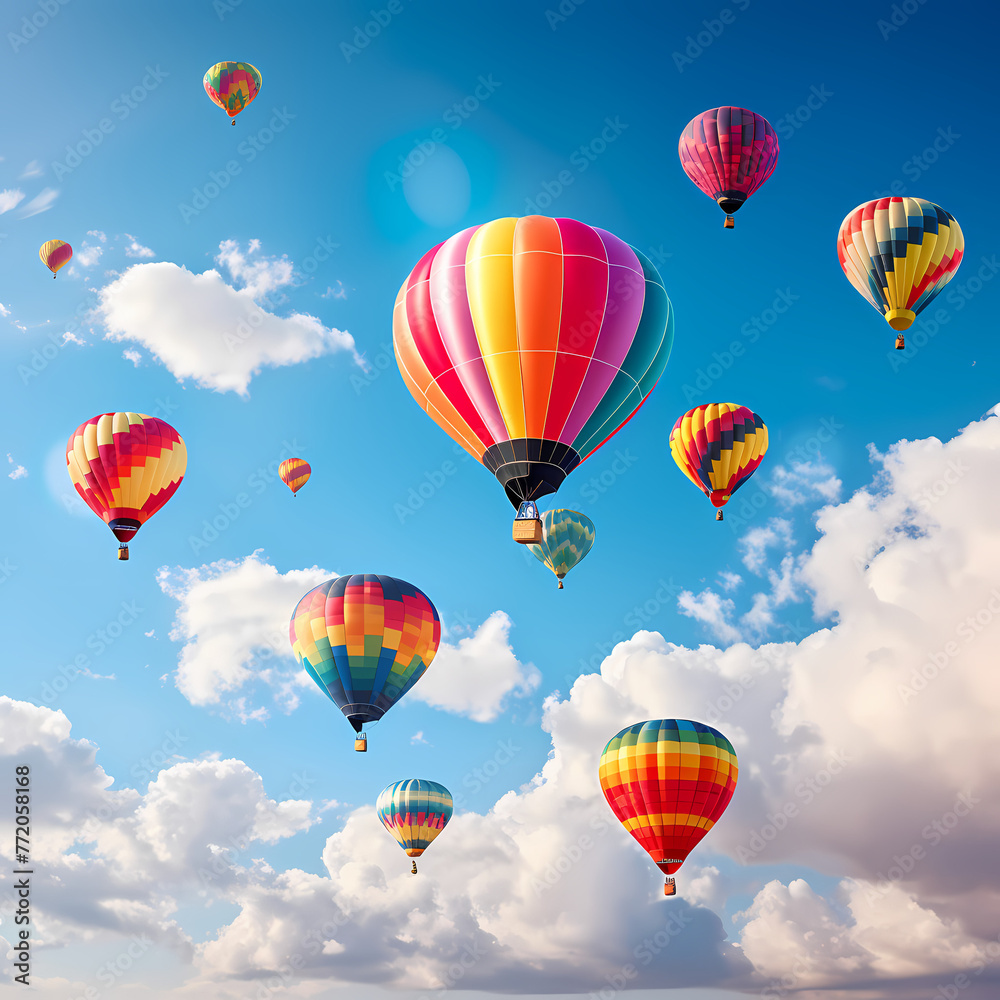 Colorful hot air balloons against a blue sky. 