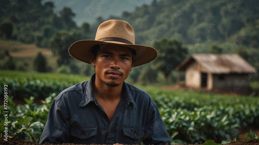 Portrait of young guatemala coffee bean wheat farmer on crops farm land field landscape background, work natural agriculture business concept from Generative AI