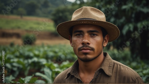 Portrait of young hispanic coffee bean wheat farmer on crops farm land field landscape background, work natural agriculture business concept from Generative AI