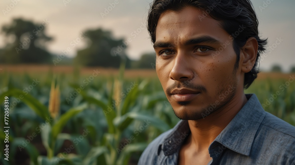 Portrait of young indian corn farmer on crops farm land field landscape background, work natural agriculture business concept from Generative AI Portrait of young indian corn farmer on crops farm land field landscape background, work natural agriculture business concept from Generative AI
