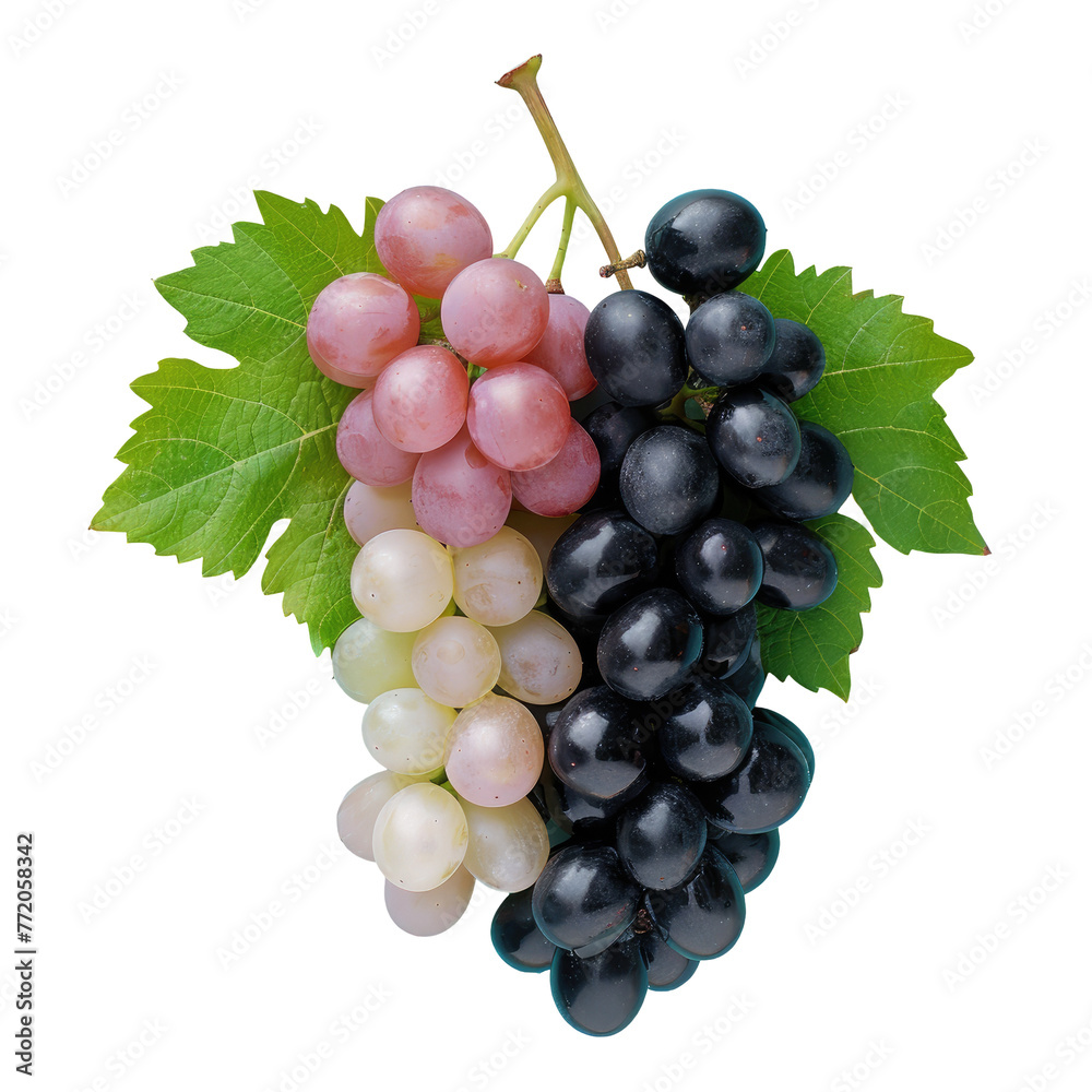 Fototapeta premium Seedless fruit of the Grapevine family with green leaves, on a transparent background