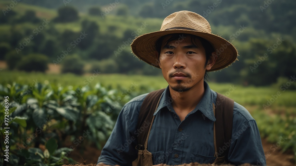 Portrait of young japanese coffee bean farmer on crops farm land field landscape background, work natural agriculture business concept from Generative AI