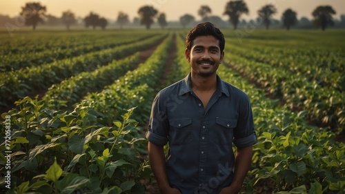 Portrait of young indian soybean farmer on crops farm land field landscape background, work natural agriculture business concept from Generative AI