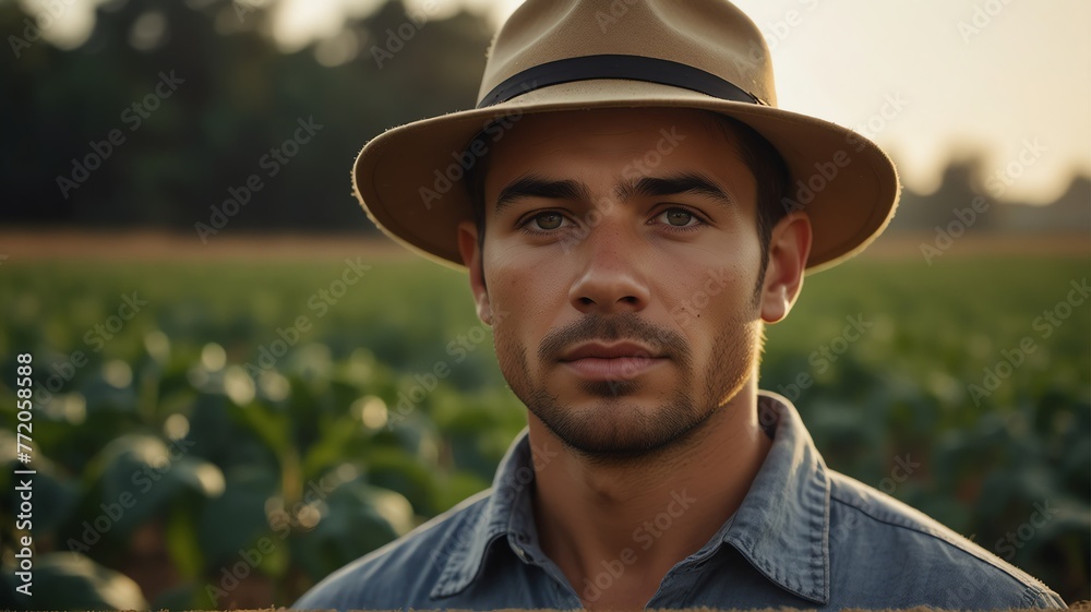 Portrait of young soybean farmer on crops farm land field landscape background, work natural agriculture business concept from Generative AI