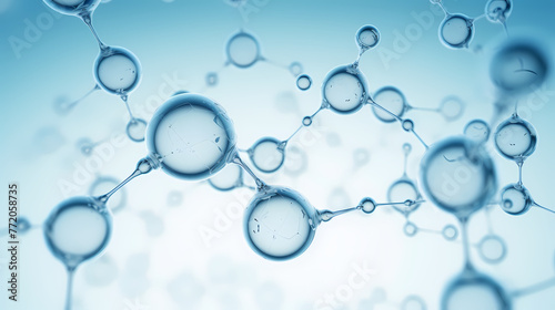 Ozone molecular structure with transparent bubbles and blue background