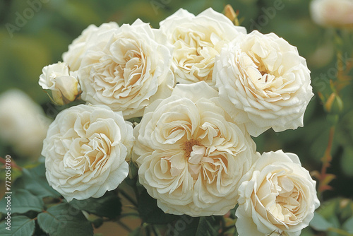 Light white Floribunda rose blooming. Rosa Botticelli Introduced in France by Meilland