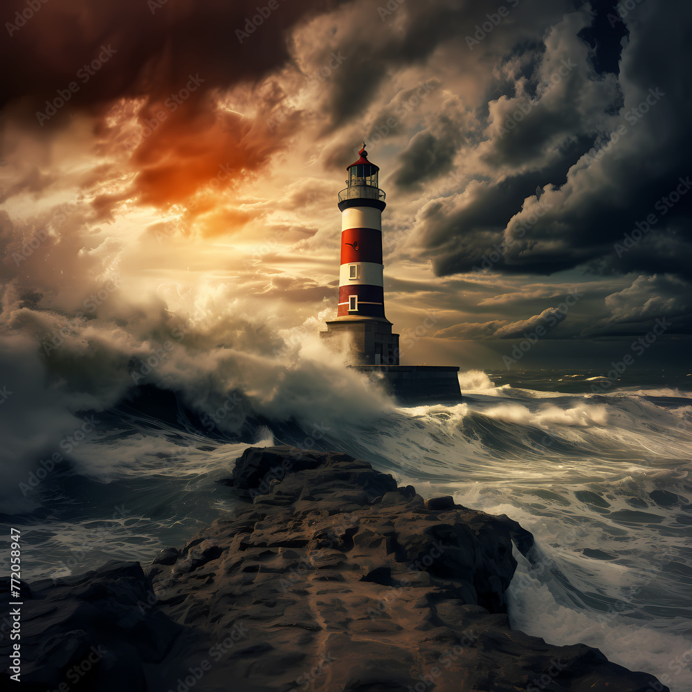 Dramatic clouds over a lighthouse by the sea. 