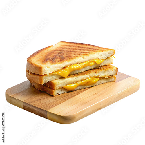 Grilled cheese sandwich on wooden board isolated on transparent background.