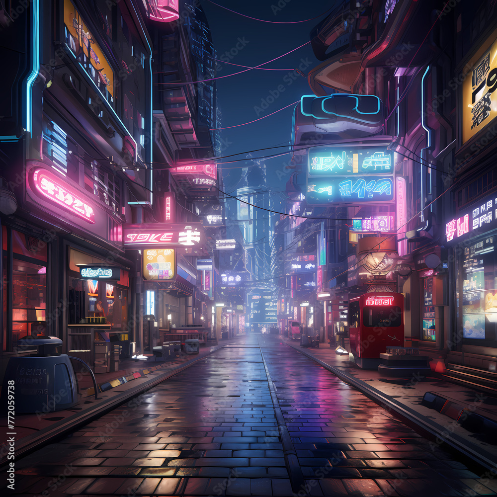 Futuristic cyberpunk street with holographic signs 