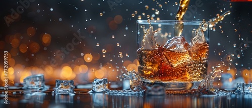 Create an ultra realistic image of whiskey being poured into glass with ice cubes floating in it