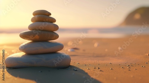 Sunset Zen  Finding Inner Peace with Stone Stacks on a Tranquil Beach  Perfect for Sunset Meditation and Mindful Moments.