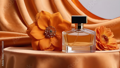 glass perfume bottle with flowers and silk on an orange background