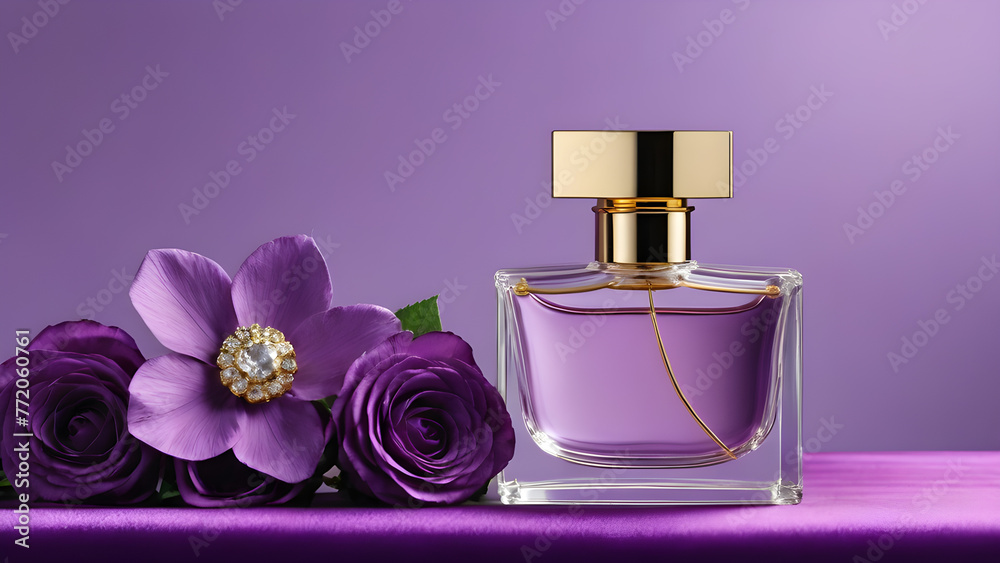 glass perfume bottle with flowers and silk on a purple background glass perfume bottle with flowers and silk on a purple background