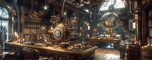Steampunk detectives office brass computers