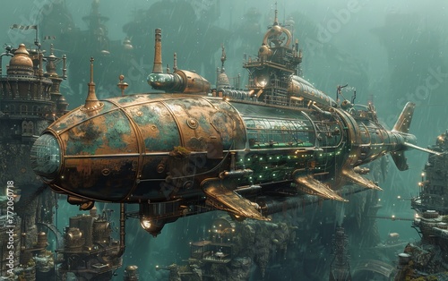 Steampunk ocean expedition brass submarines
