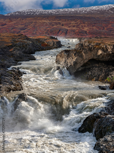 The River Skjalfandafljot and Godafoss waterfall and rapids in the north of Iceland. 