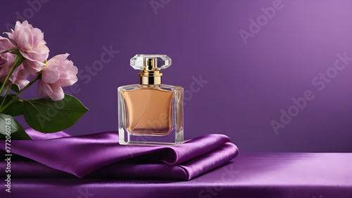 glass perfume bottle with flowers and silk on a purple background