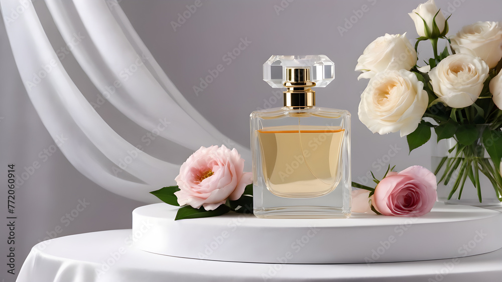 glass perfume bottle with flowers and silk on a white background glass perfume bottle with flowers and silk on a white background