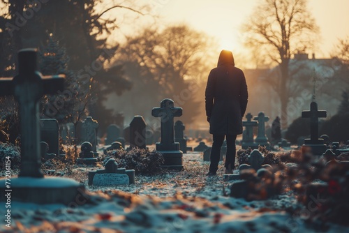 Back view of a sad person visiting a grave in a cemetery